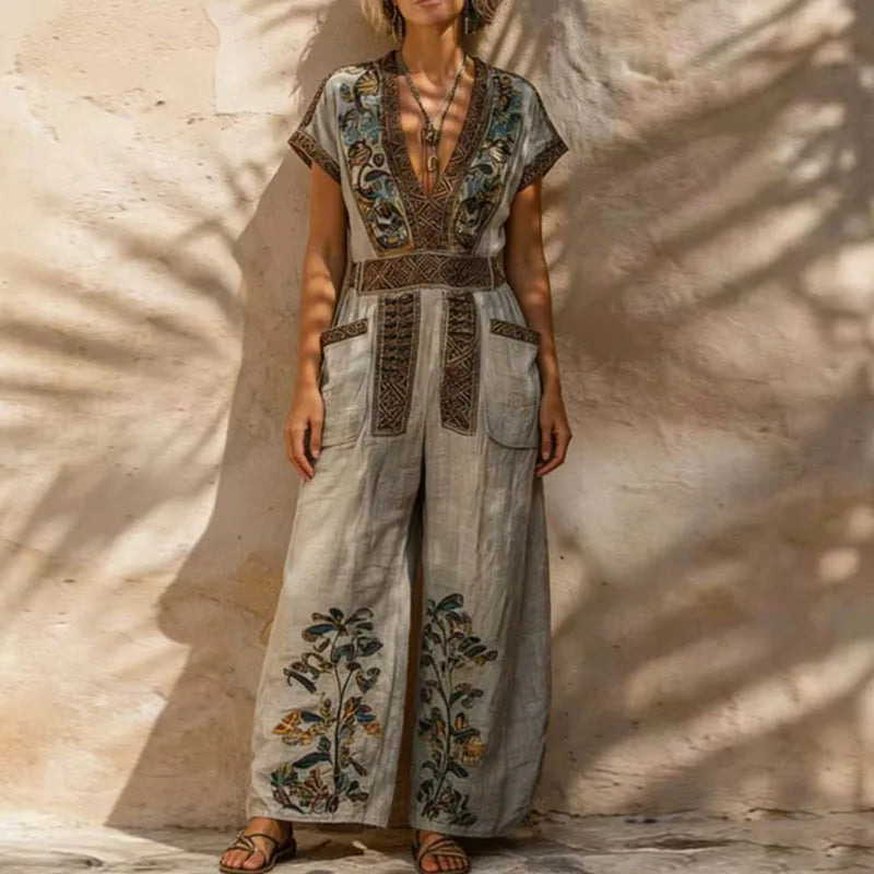 Evelyn™ | Vintage Embroidered Linen Jumpsuit