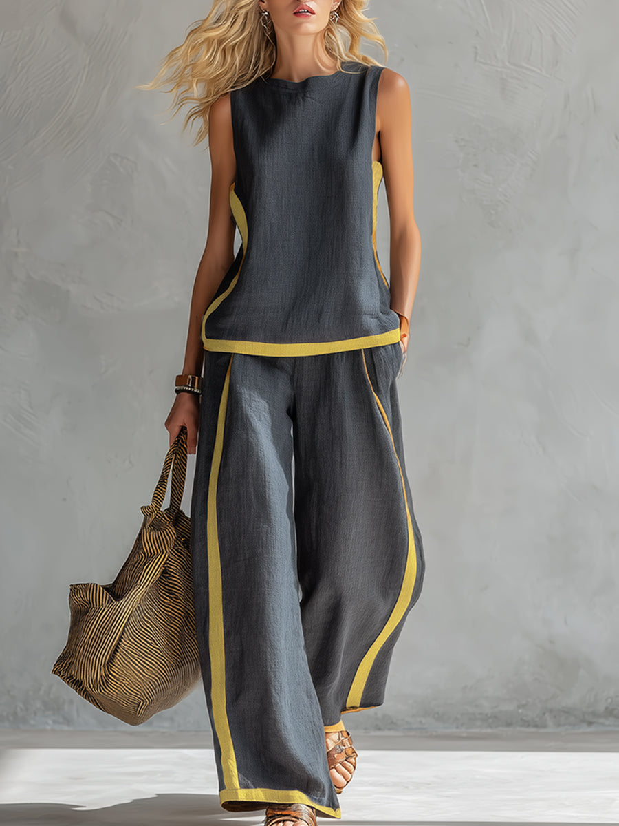 Leila – Complete vest and trousers in two-tone grey cotton-linen