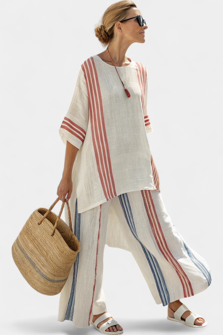 Solvane | Sophisticated Multicolor Striped Top & Mediterranean Pants