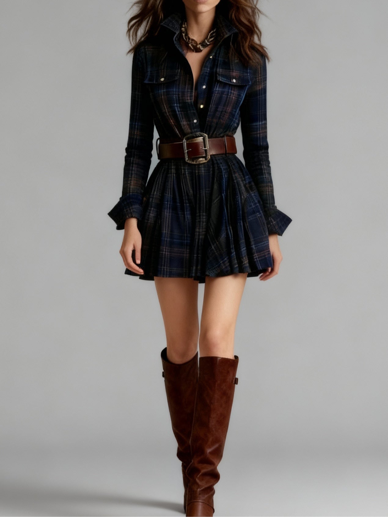 Vintage Red and Brown Checked Mini Dress (Includes Belt)